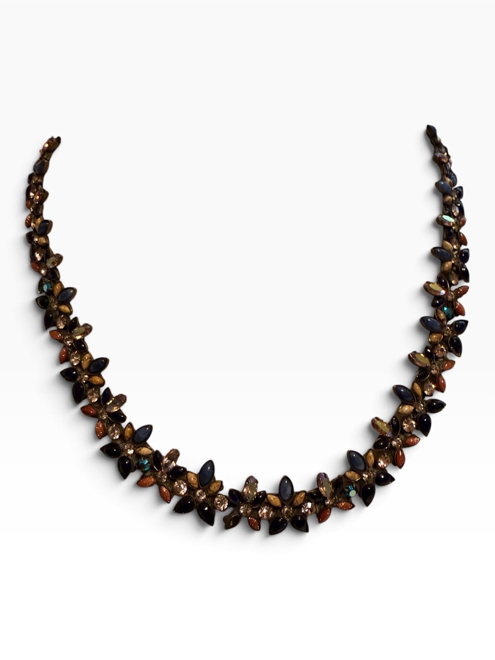 Sorrelli signed Crystal floral statement necklace, Blue Amber brass tone